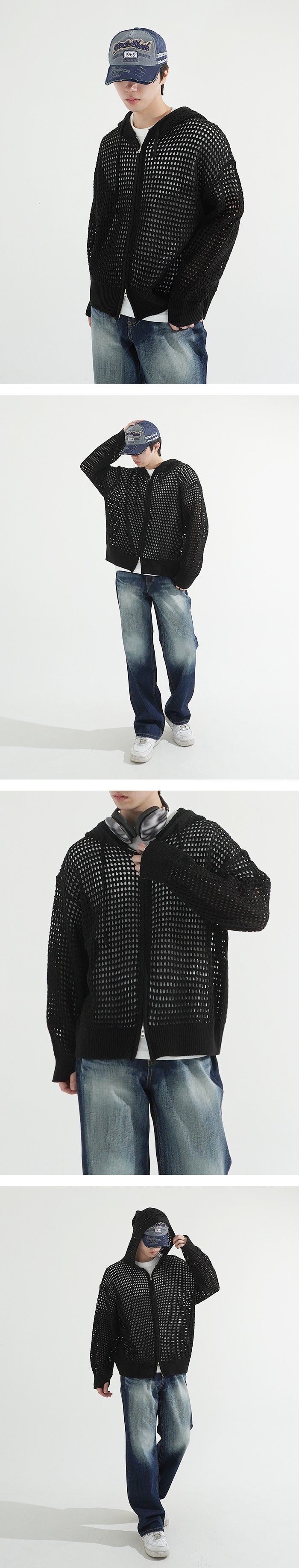 Mesh Finger Warmer Hood Zip-up