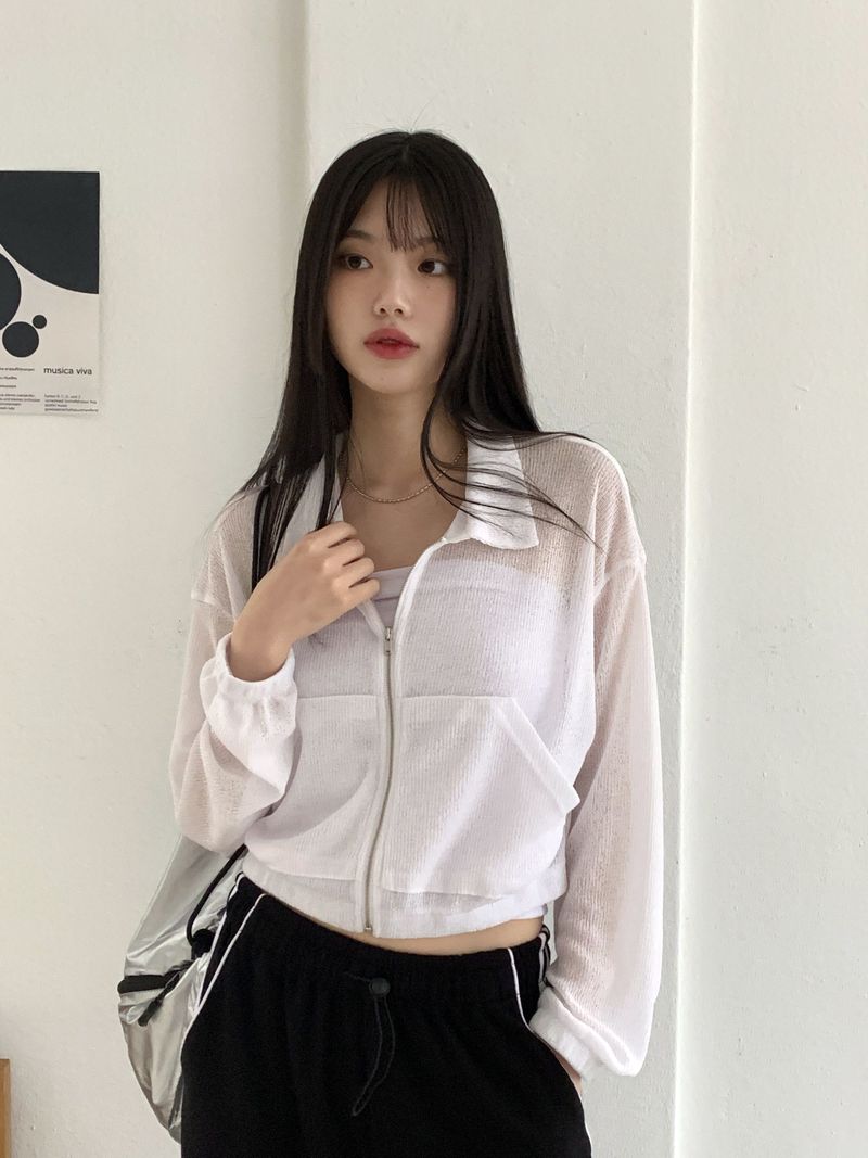 Pillow Beachwear See-through Linen Knit Long Sleeve Zip-up
