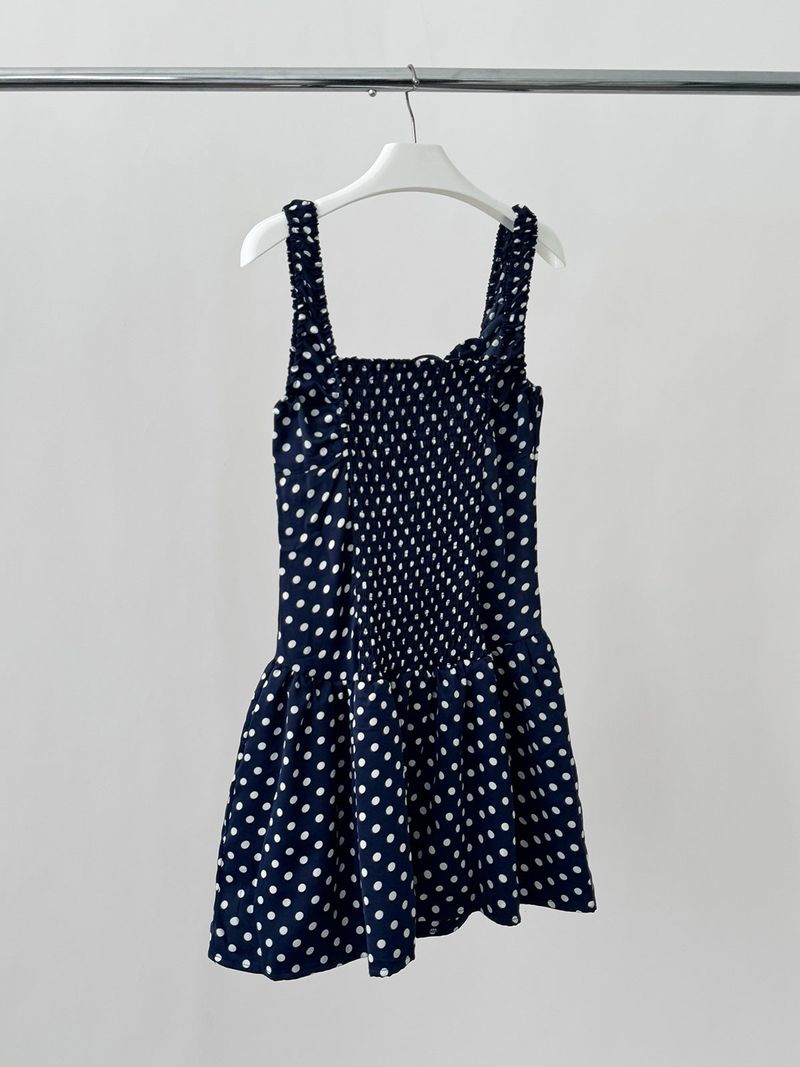 Navy Dotted Square Neck Flared Dress