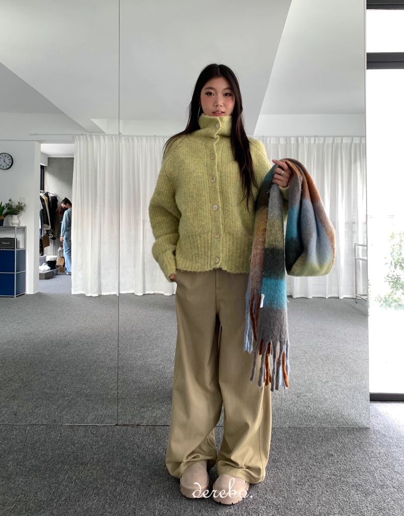 Tender Green Turtleneck Knit Cardigan