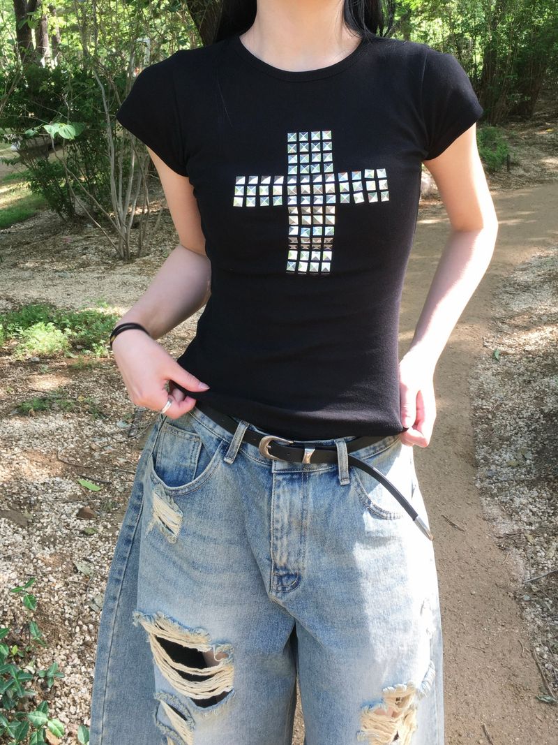 Metal Cross Stud Slim Short Sleeve Tee (3c)