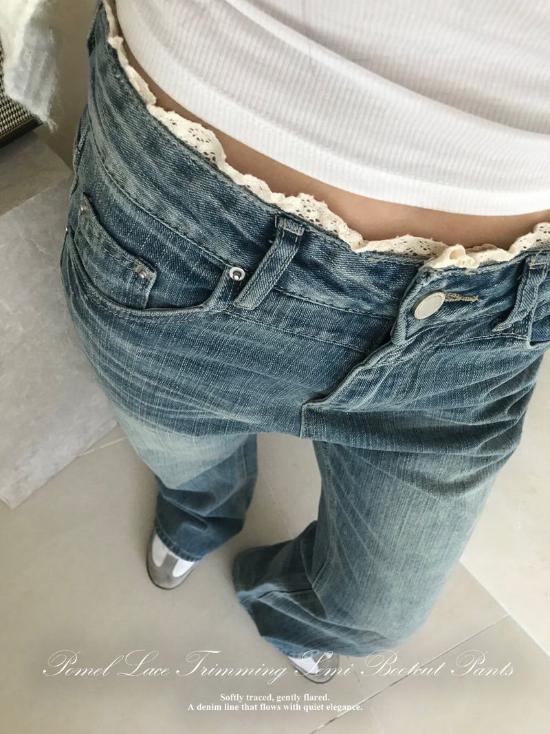 Pomel Lace Trimming Semi Bootcut Pants