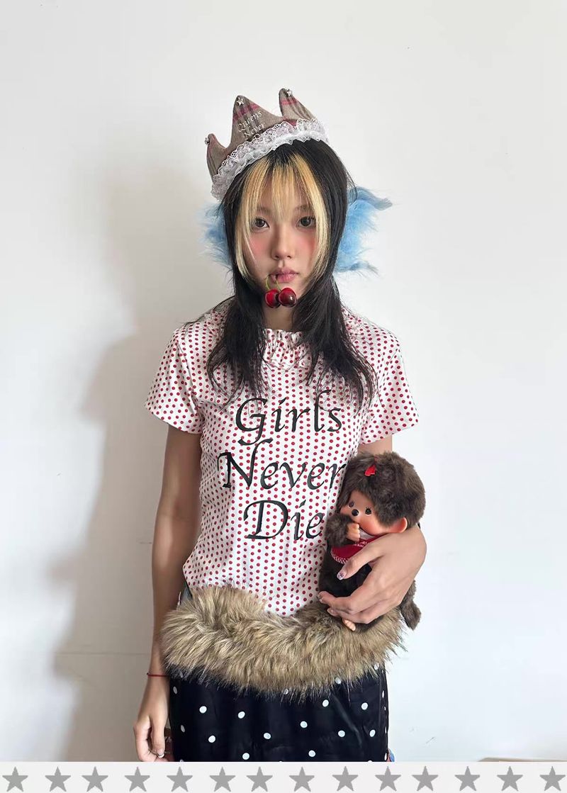 イスケープパラダイス Loveplayshop "ガールズネバーダイ" レッドポルカドットショートスリーブシャツ