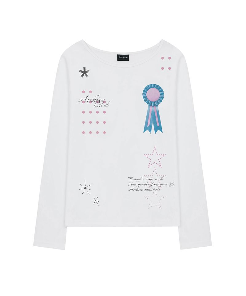 Rosette Graphic Boat Neck Long Sleeve - WHITE