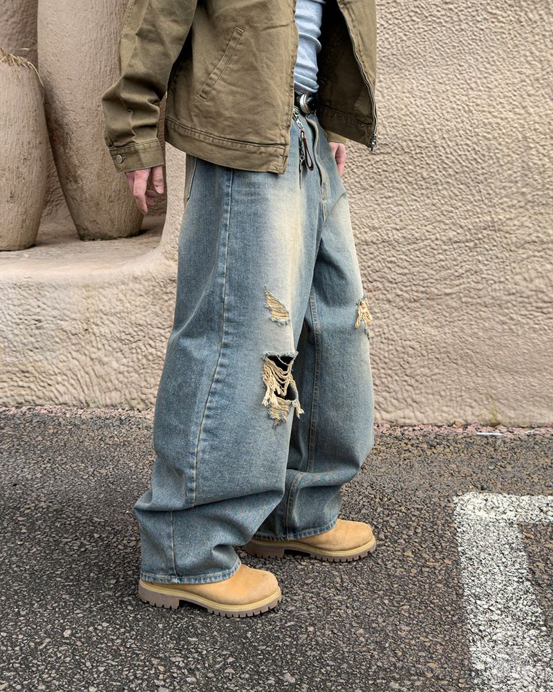 Roy Distressed Wide Denim Pants