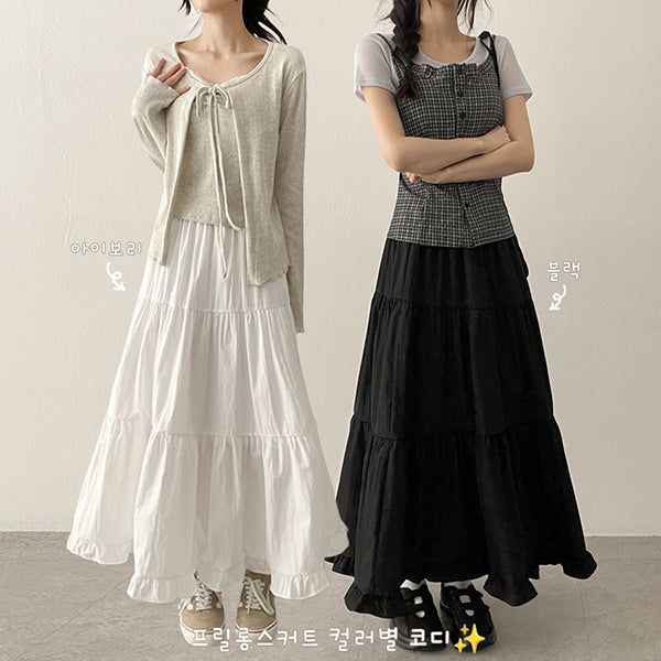 hijjoo（ハイチュー）の「Frilled tiered elastic long skirt（Skirts）」