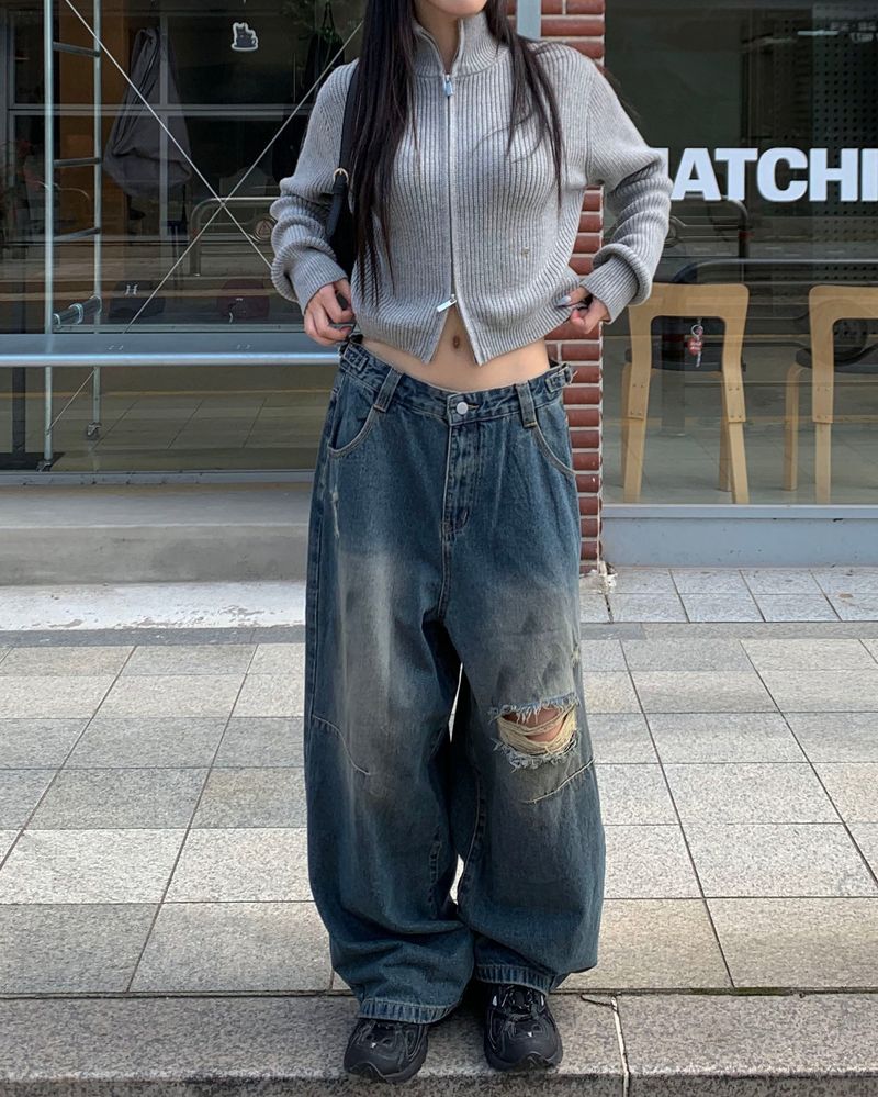 (Unisex) ボタンダメージデニムパンツ