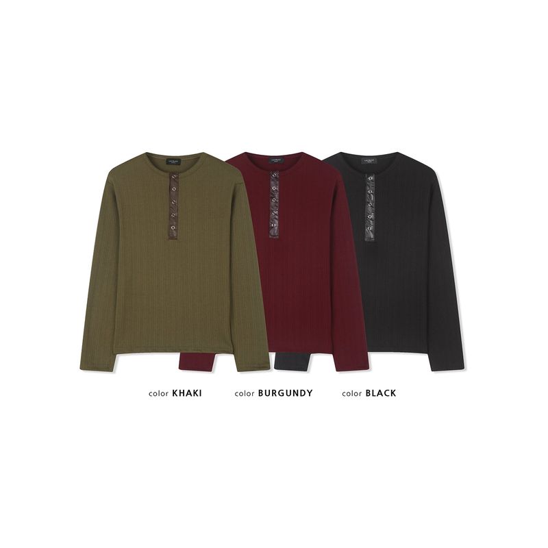 Leather ribbed henry neck long sleeves(Burgundy)