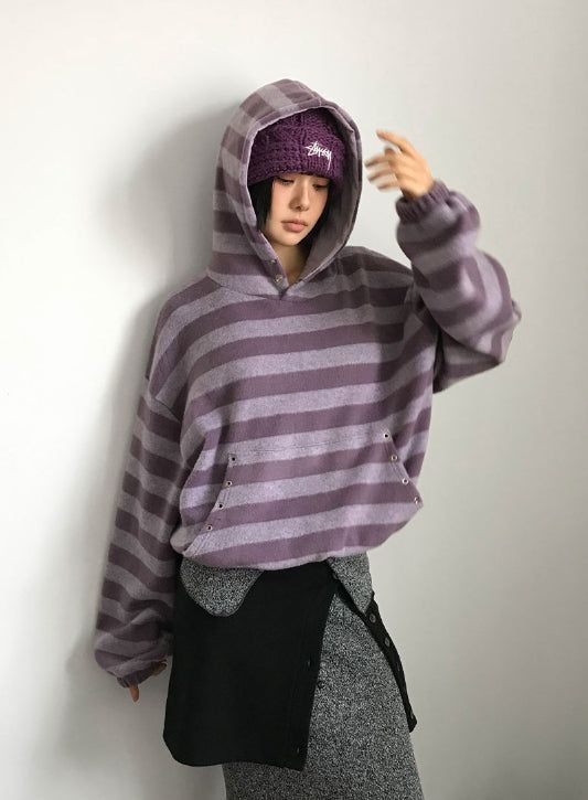 EYELET STRIPE FLEECE HOODIE