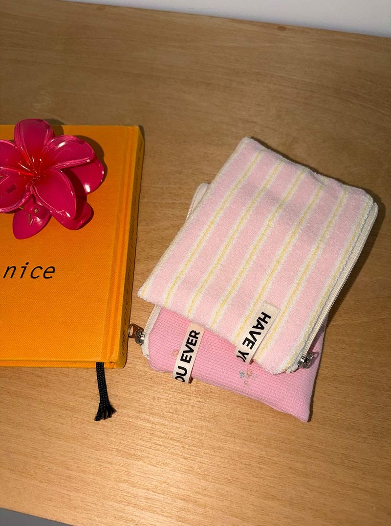 Terry candy stripe flat pouch - pink , M size