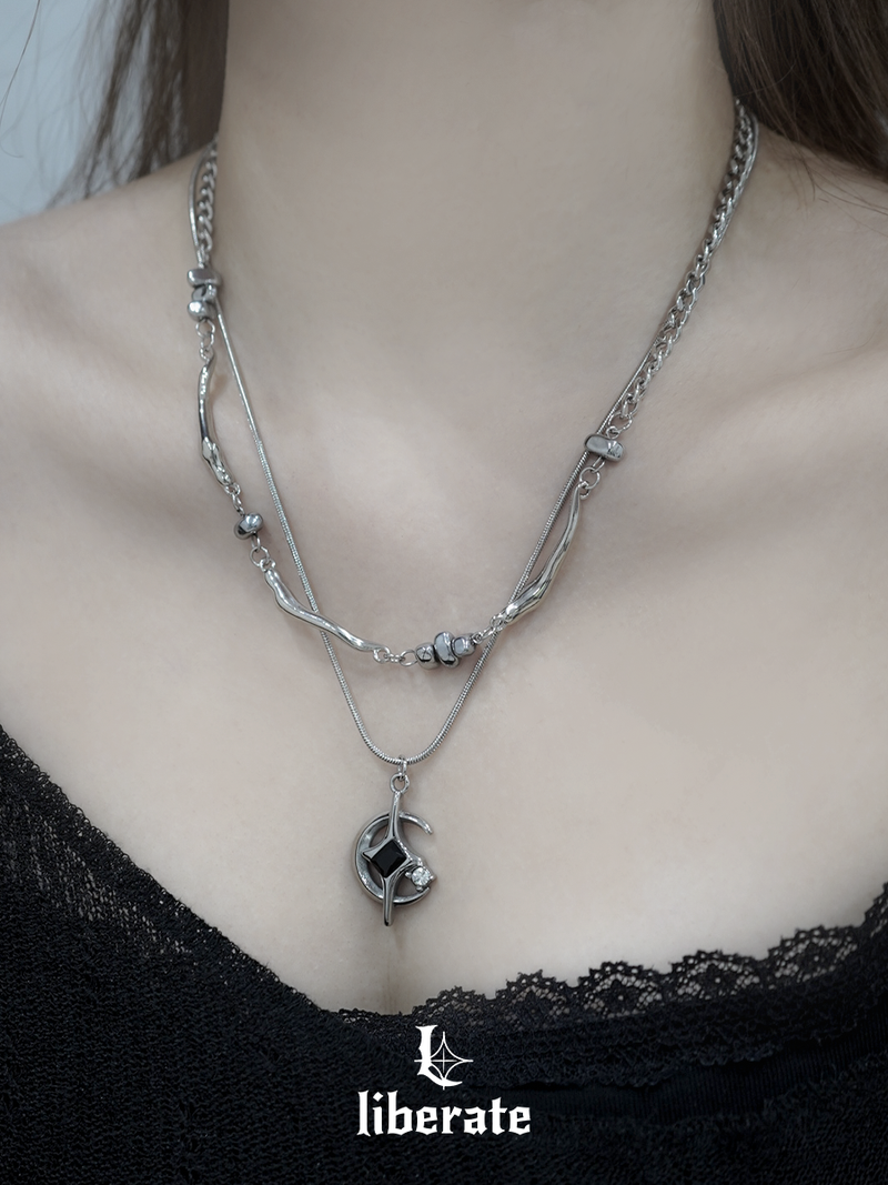  [S.Steel] ムーンクロスレイヤードネックレス
