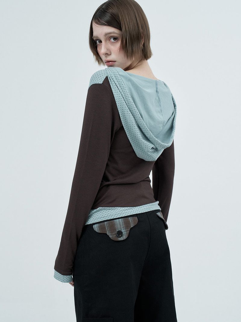 dot wrap layered hoodie / brown