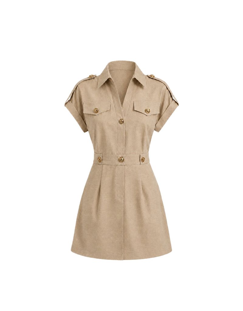 Arienne Gold Button Safari Mini Dress Sandbeige