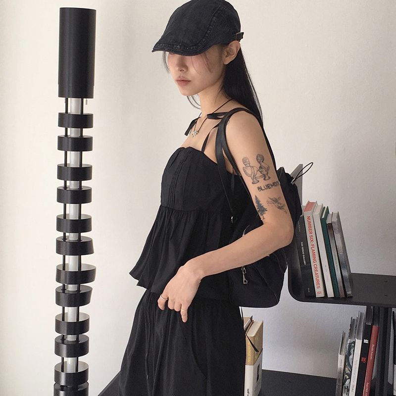 Tid pintuck flare ribbon string tank top blouse