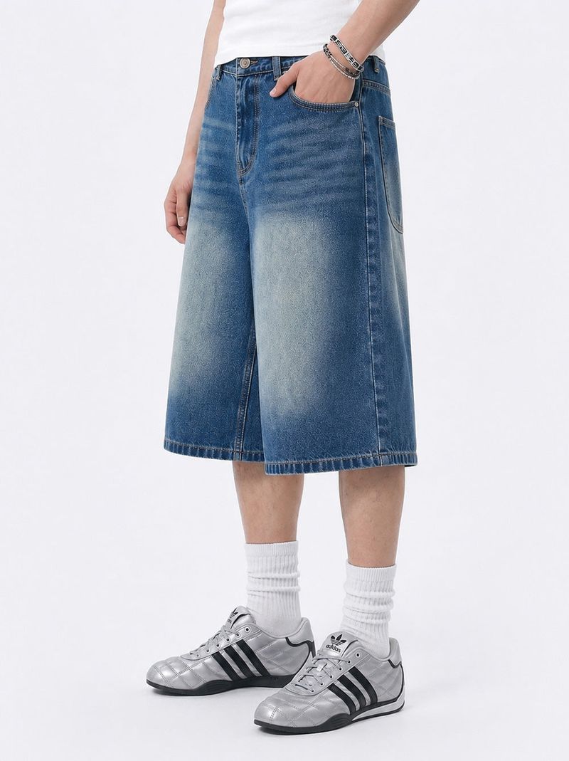 basic washing bermuda denim pants (deep blue)