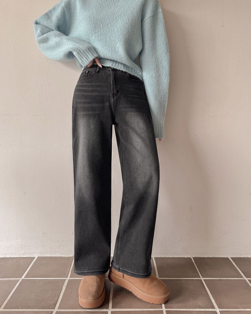 Fleece wide denim pants