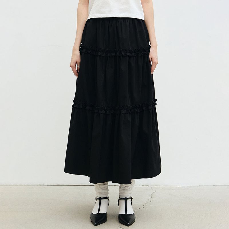 FRILL TIERED LONG SKIRT_BLACK