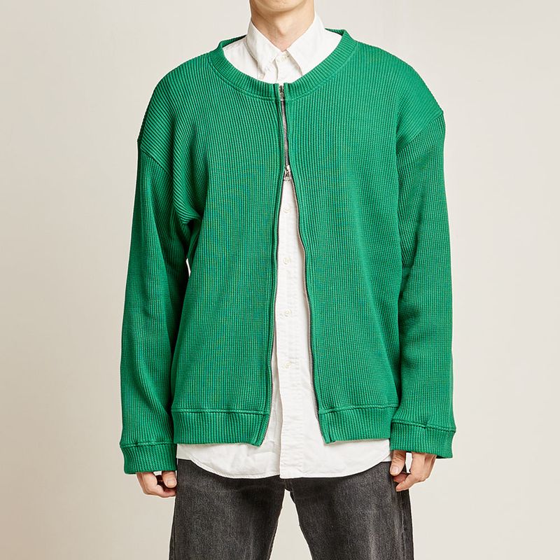 DAMP 2-WAY ZIP-UP WAFFLE CARDIGAN_GREEN