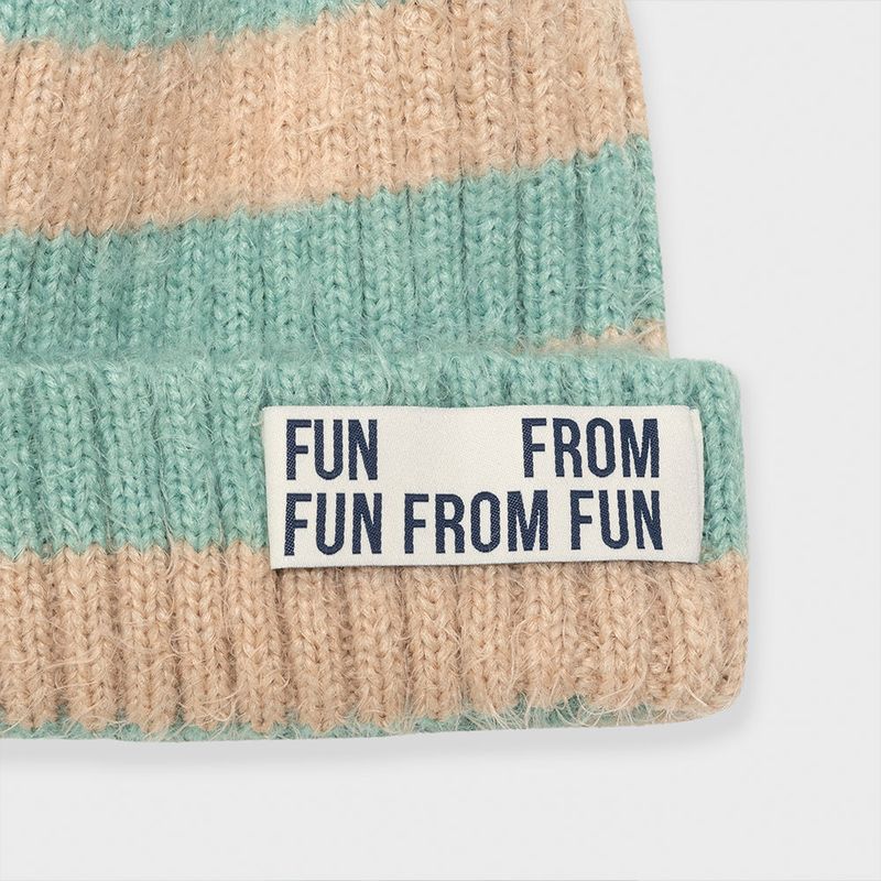 FURRY LOGO BEANIE, BEIGE+MINT STRIPE