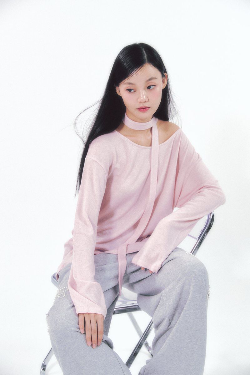 Knit Tie Long Sleeve Set Pink