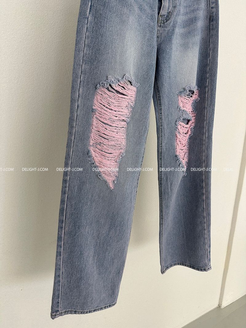 Pink Damage Wide Jeans