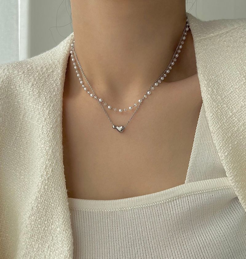 tyu Pearl Beads Heart Ball Scenic Steel Titan Choker Short Layered Guest Necklace