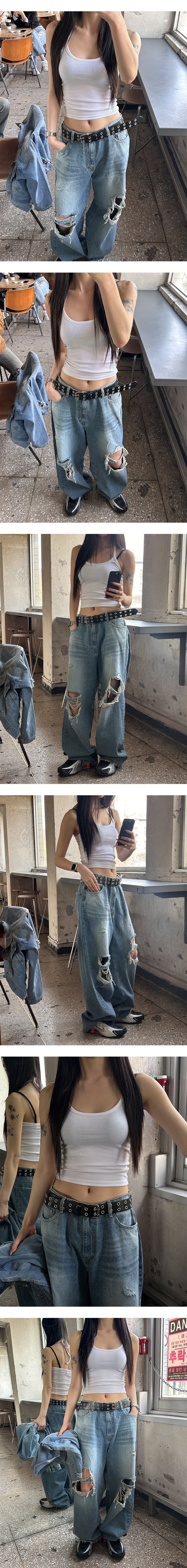  [Unisex] Knee destroyed wide denim pants