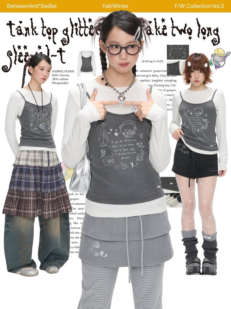 BETWEENAND Fake Two piece Tank Top for Women Autumn Sparkling Pink Versatile Long Sleeve Grey Elastic Base