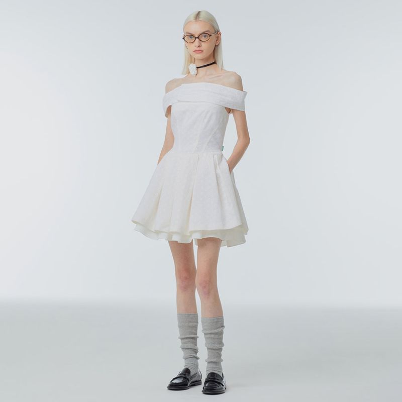 Off-the-shoulder flared mini dress