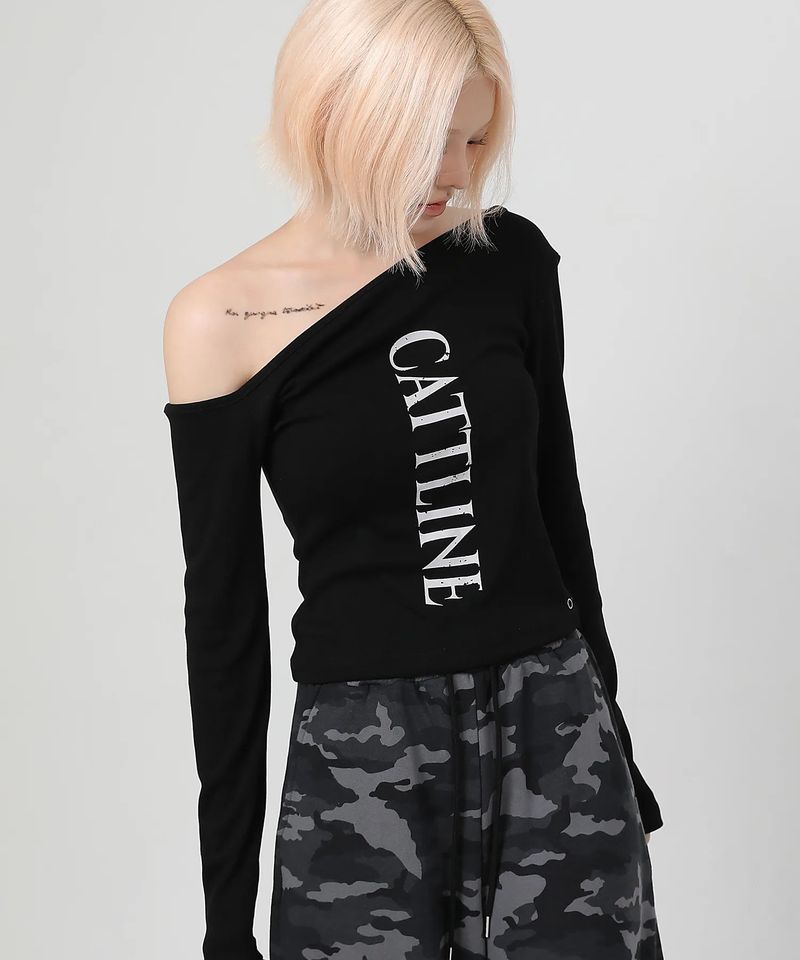 One Shoulder Logo Snap T-shirt_black