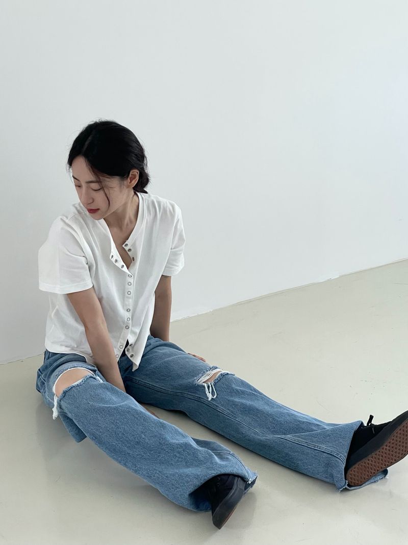 Damage cutting wide denim pants