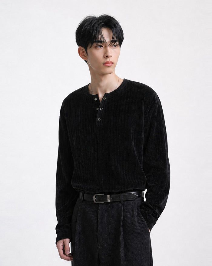 (M's) Velour Henley Neck Long Sleeve