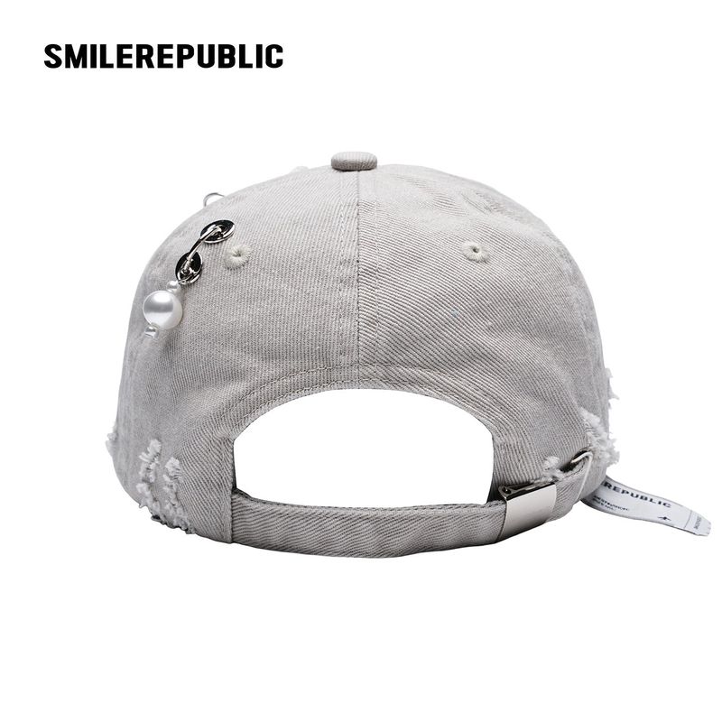 White Distressed Baseball Cap with Pearl Charm Accents, Logo Embroidery and Adjustable Strap