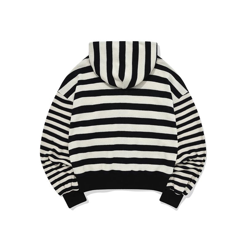 Striped knit hooded zip up / Ivory black