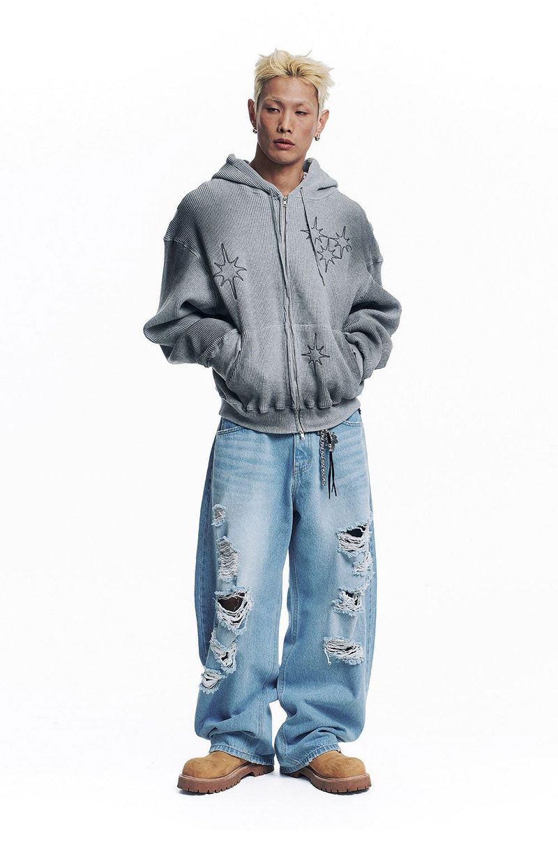 Washed Star Waffle Hooded Zip-Up - Grey