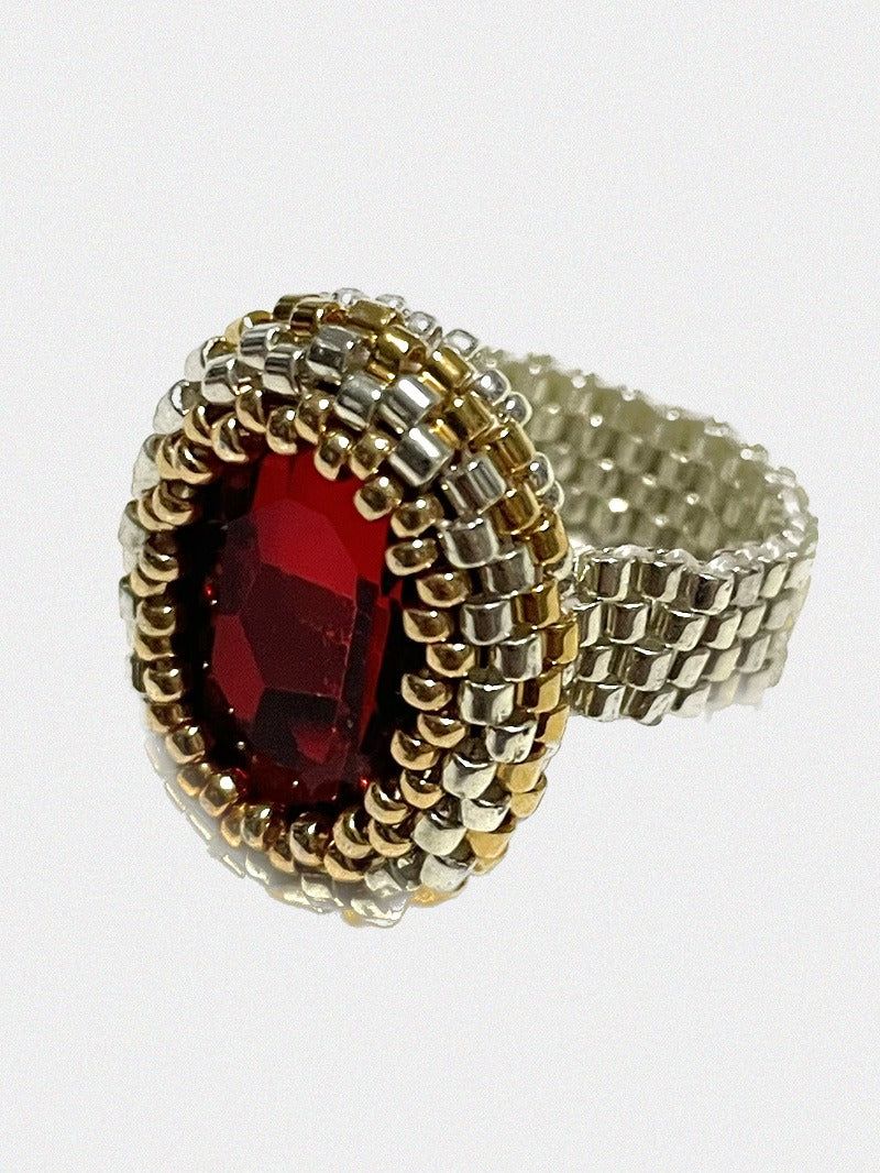 14k Gold & Silver Crystal Beads Ring (Red)