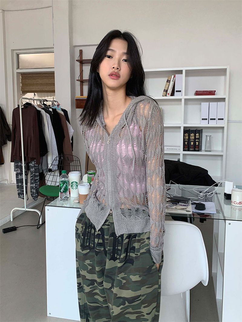 NET SEE-THROUGH KNIT HOOD ZIP-UP