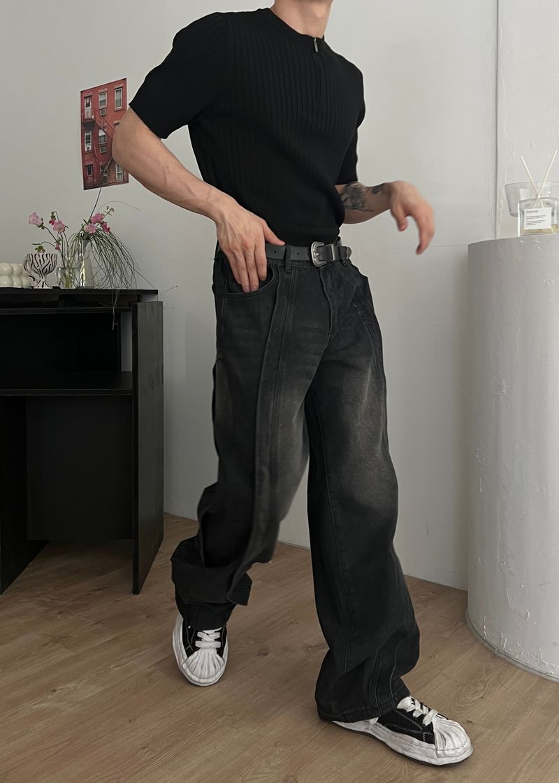 Wave-washed incision wide denim(2colors)