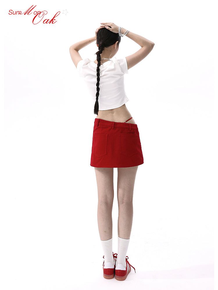 Summon Oak Red Y2K A-Line Denim Mini Skirt for Women, Low-Waist Bodycon Style for Summer