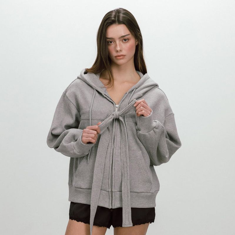 RIBBON WAFFLE HOODIE / GREY
