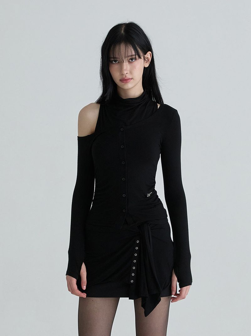 Cowl neck cardigan set (Black)