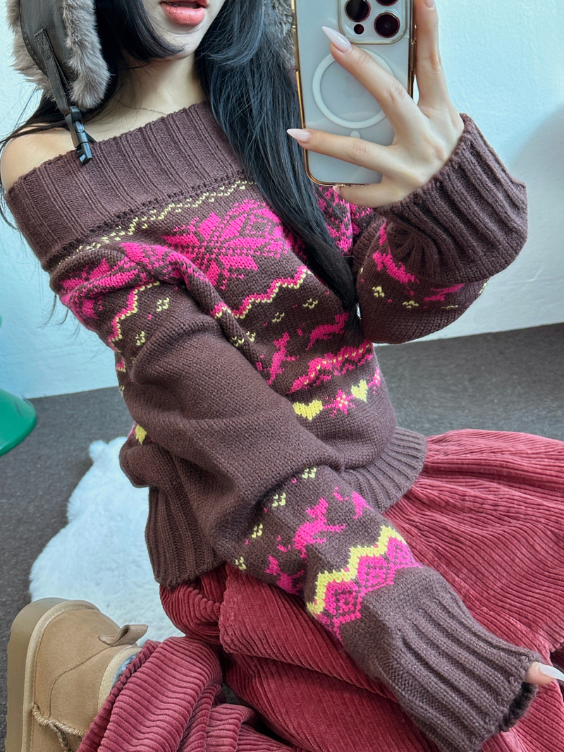 CCORTTI（コルッティ）の「オフショルダー & リップラウンドネックツーウェイノルディックニット🩷🤎🖤2カラー（トップス）」