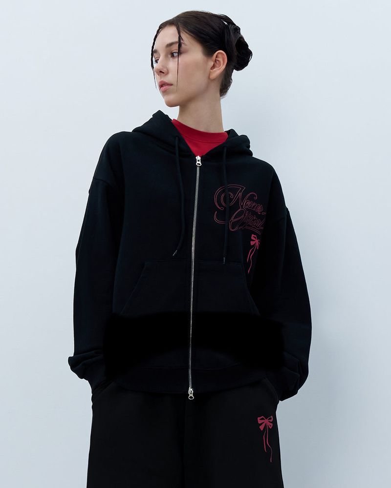 PINK RIBBON LOGO HOODIE ZIPUP-BLACK