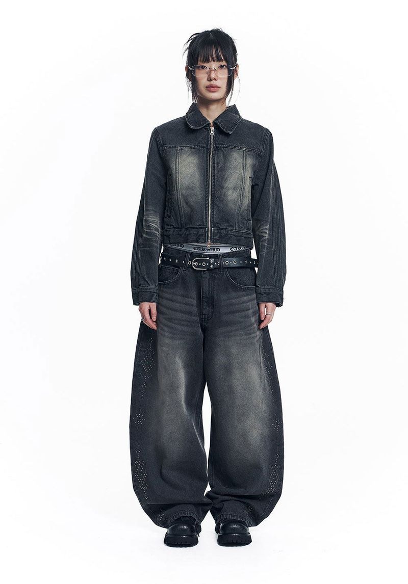 Curved Western Stud Denim Pants - Black