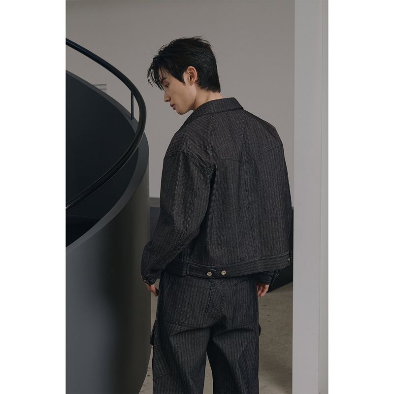 Stripe corduroy trucker denim jacket(Black)