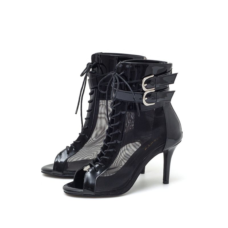 Sheer Buckle Lace-Up Open Toe Heel(Black)