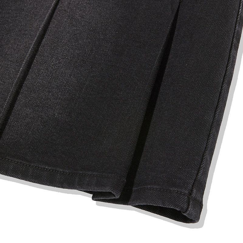 CHERRY DENIM PLEATS MINI SKIRT [BLACK]