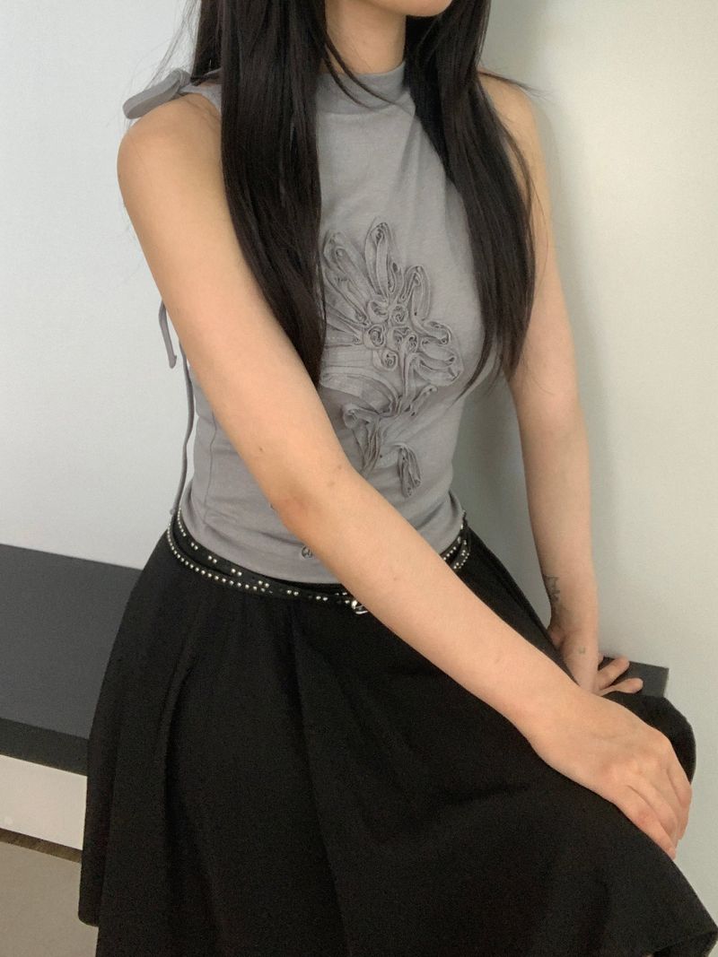 Warren Flower Embroidered  Shirred Sleeveless