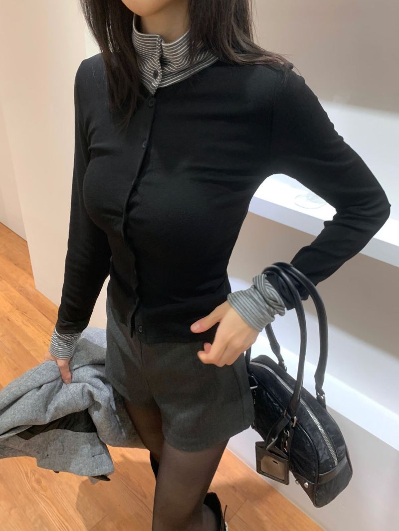 Mono High-neck Button Stripe Contrast Long Sleeve Top