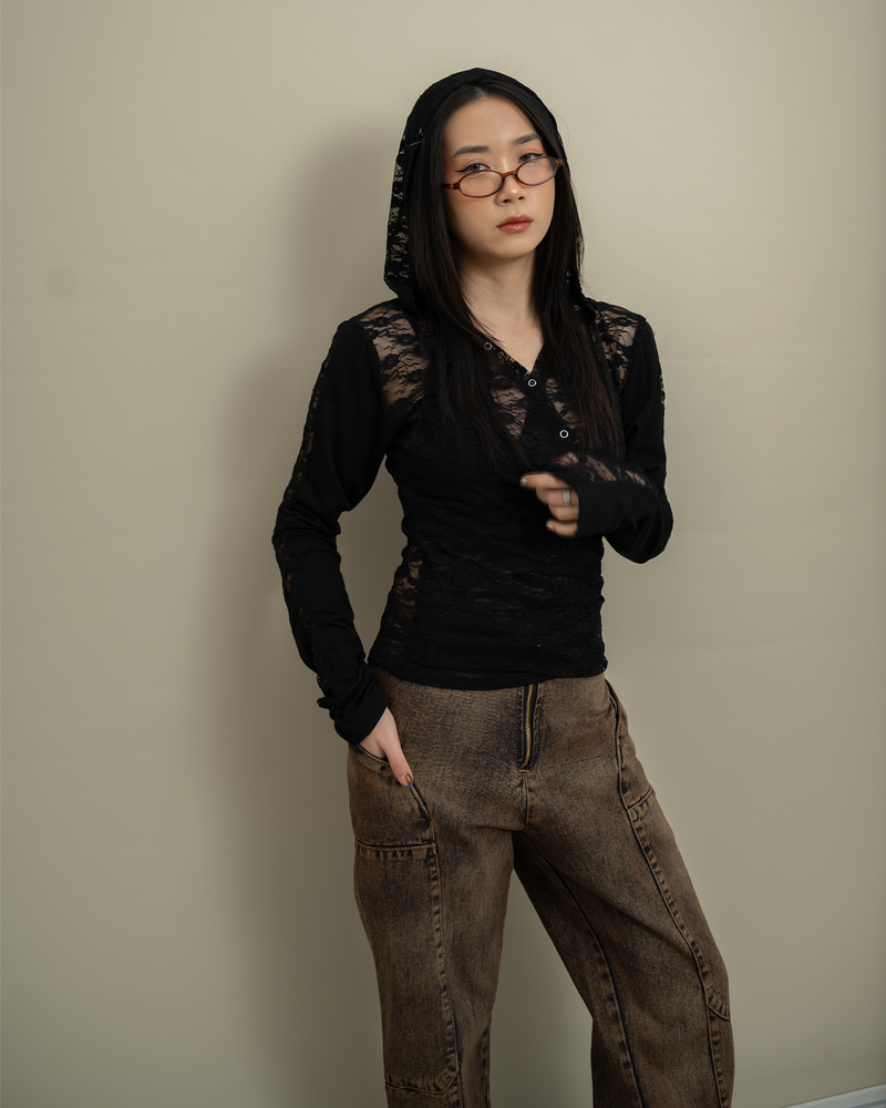 Black Lace Hoodie Top